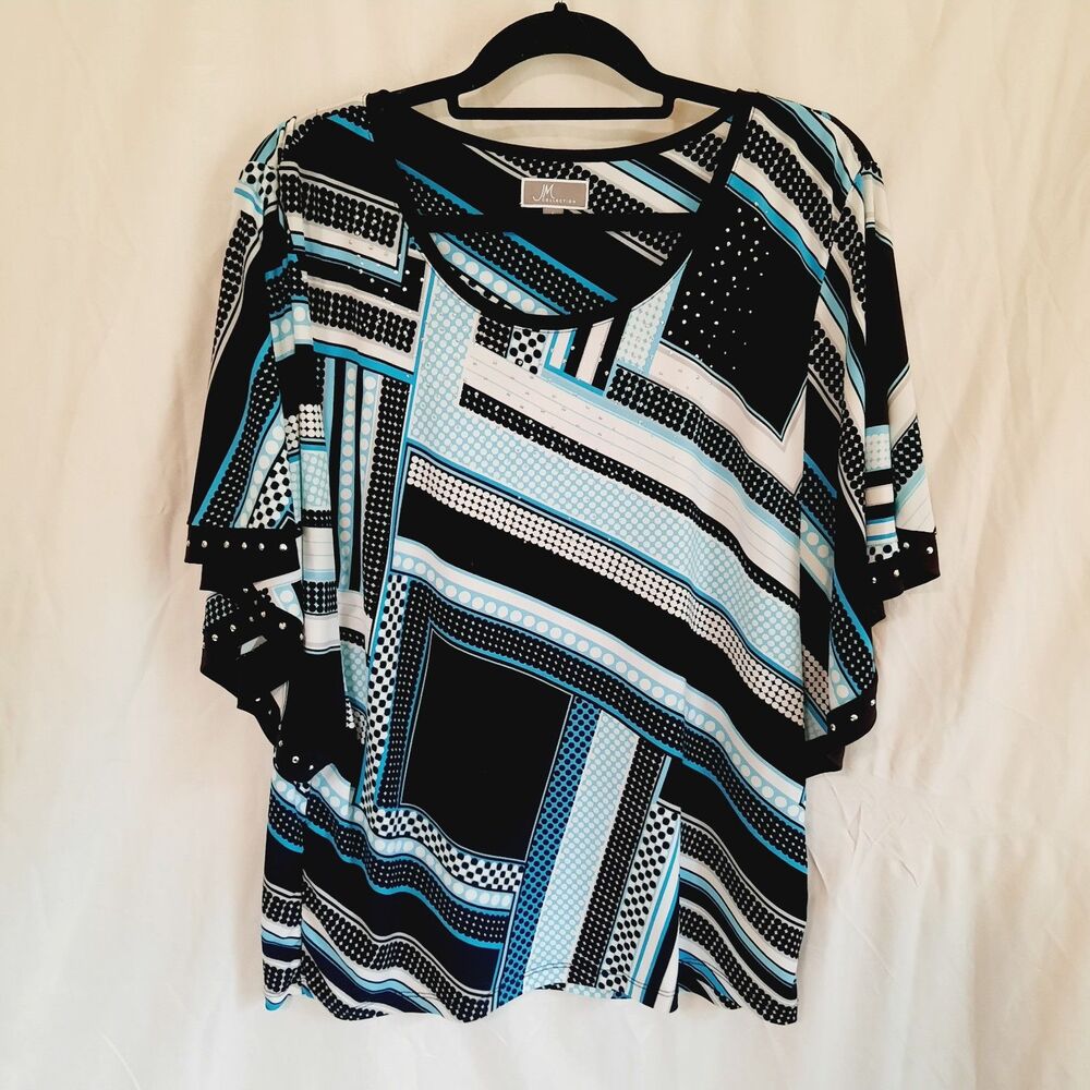 J & M Collection Geometric Pattern Studded Kimono Sleeves Scoop Neck Womens LG
